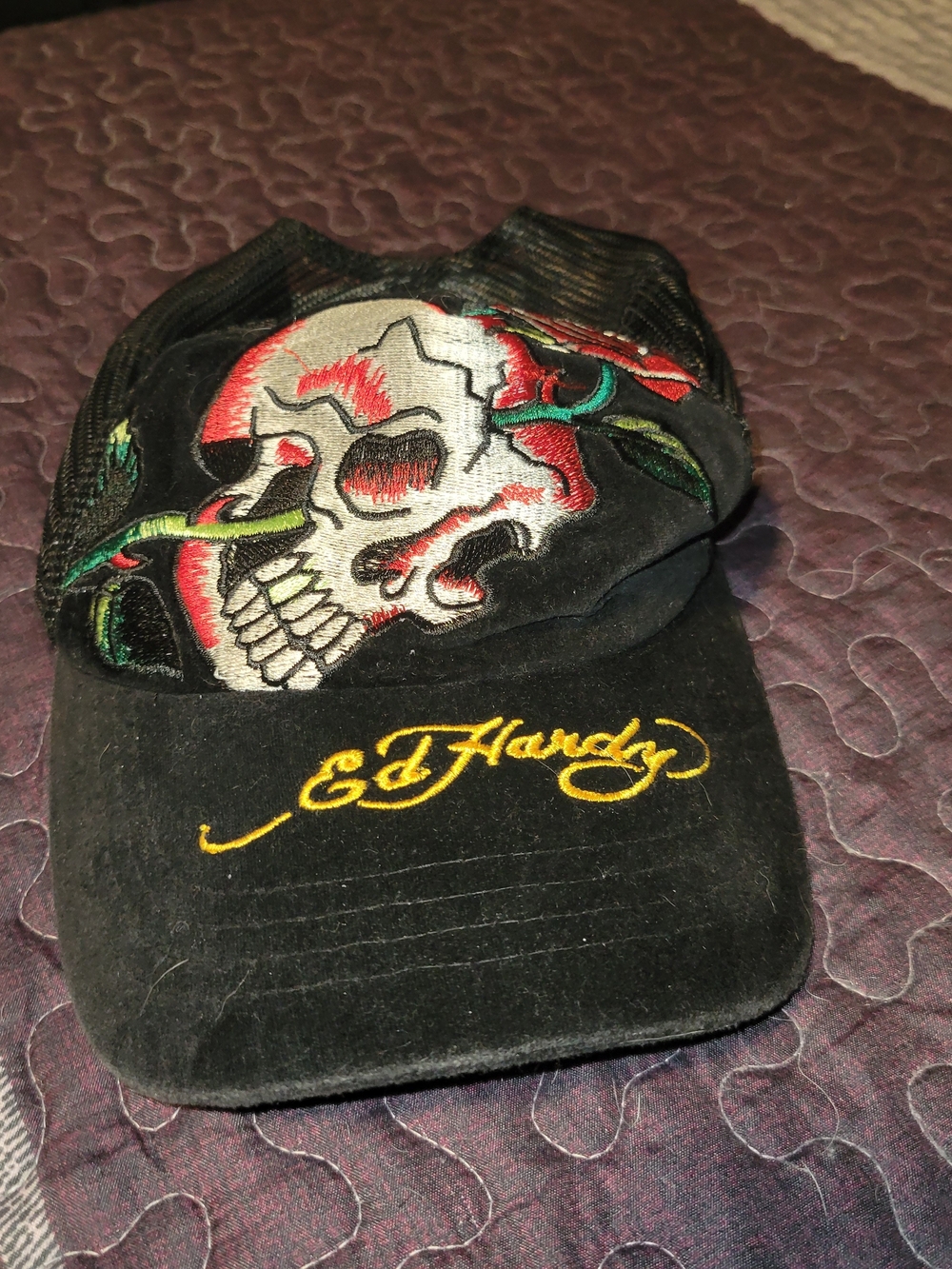 Ed Hardy Black Skull Embroidered Velvet Trucker Cap